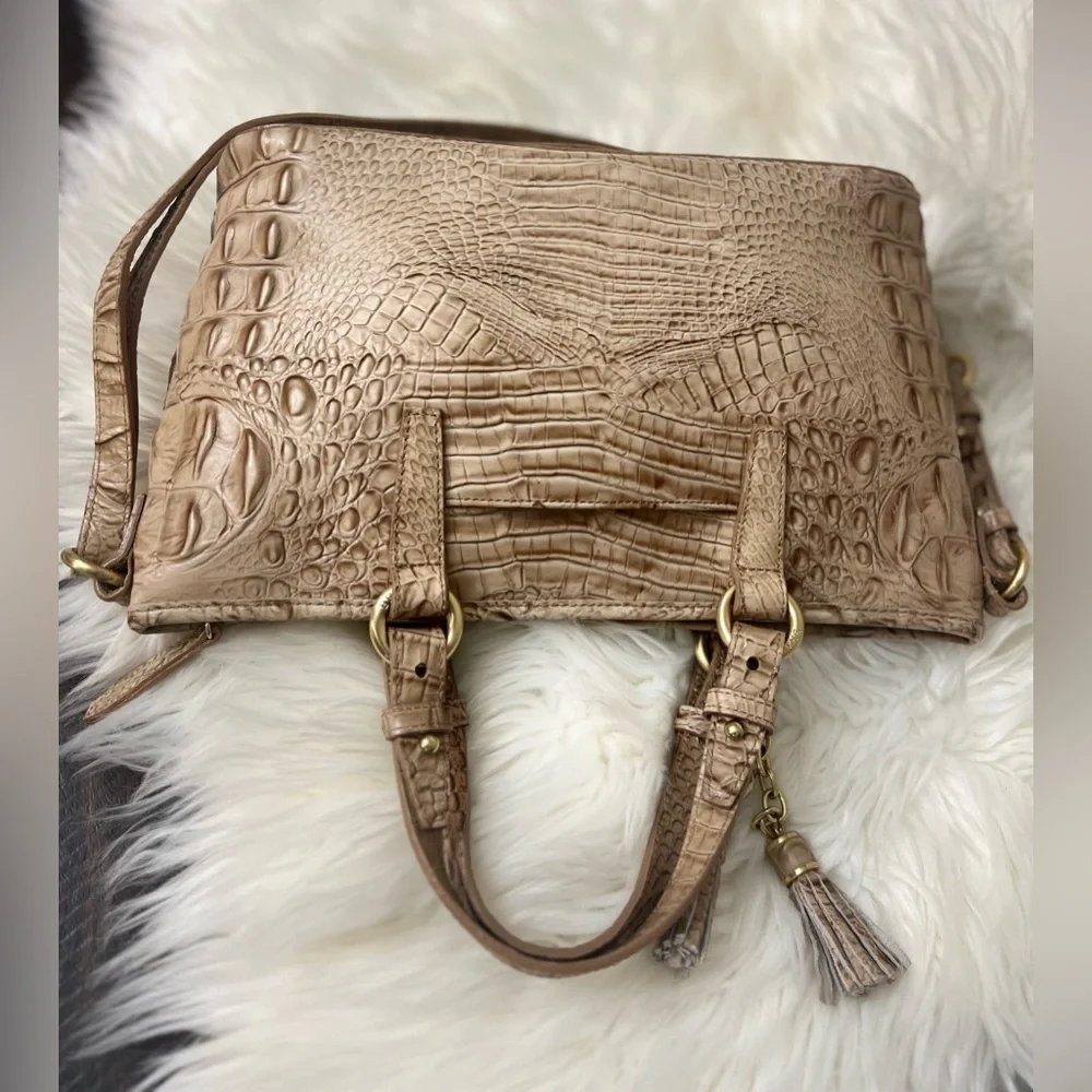 Brahmin Crocodile-Embossed Cream Satchel